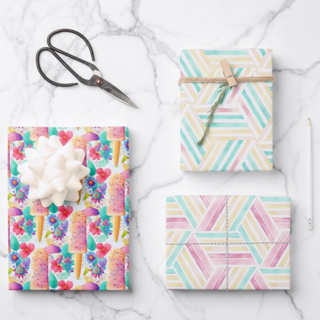 Feuille De Papier Cadeau Aquarelle popsicle. Glace Soirée d'été (Recto)