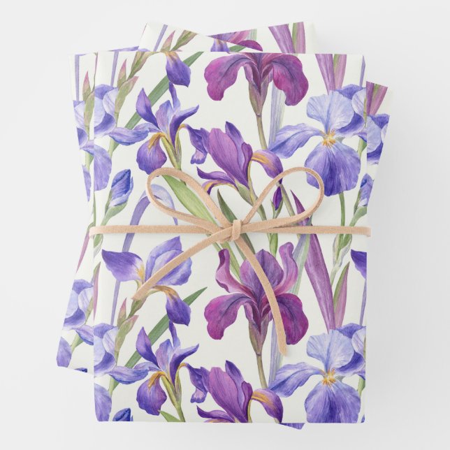 Feuille De Papier Cadeau Aquarelle Purple Iris Fleurs (En situation)