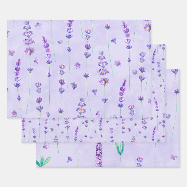 Feuille De Papier Cadeau Aquarelle Purple Lavender Fleurs (Lot)