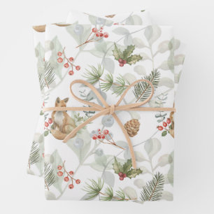Feuille De Papier Cadeau Aquarelle Renard de Noël, Branches de pins, Baies