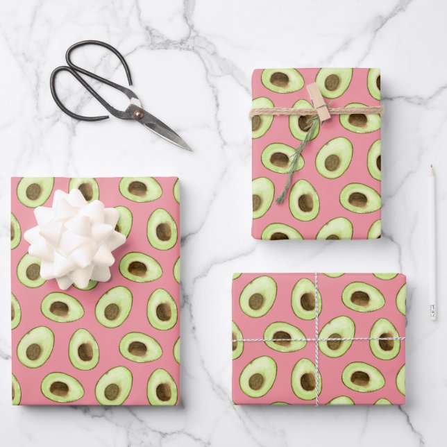 Feuille De Papier Cadeau Aquarelle rose Avocado (Recto)