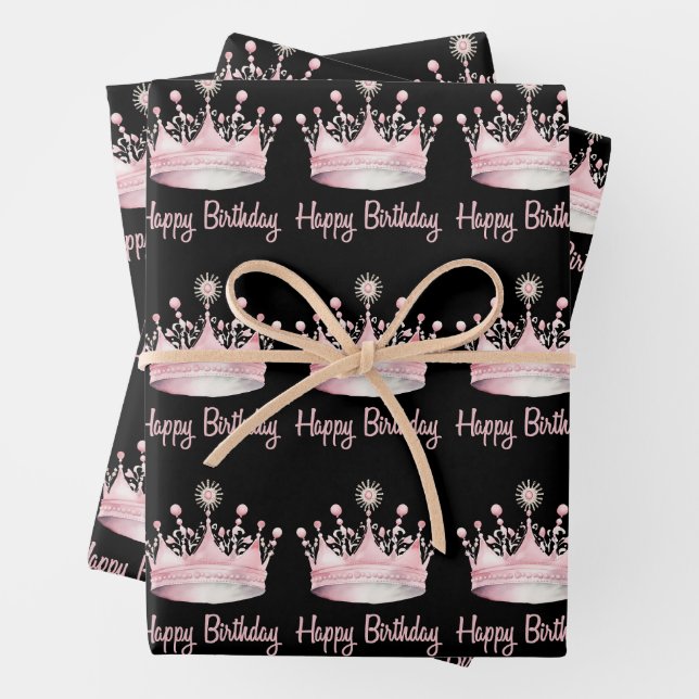 Feuille De Papier Cadeau Aquarelle rose Couronne Joyeux anniversaire (En situation)