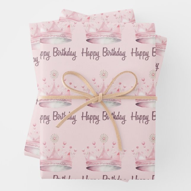 Feuille De Papier Cadeau Aquarelle rose Couronne Joyeux anniversaire (En situation)