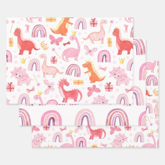 Feuille De Papier Cadeau Aquarelle rose Dinosaures Boho Rainbows (Lot)