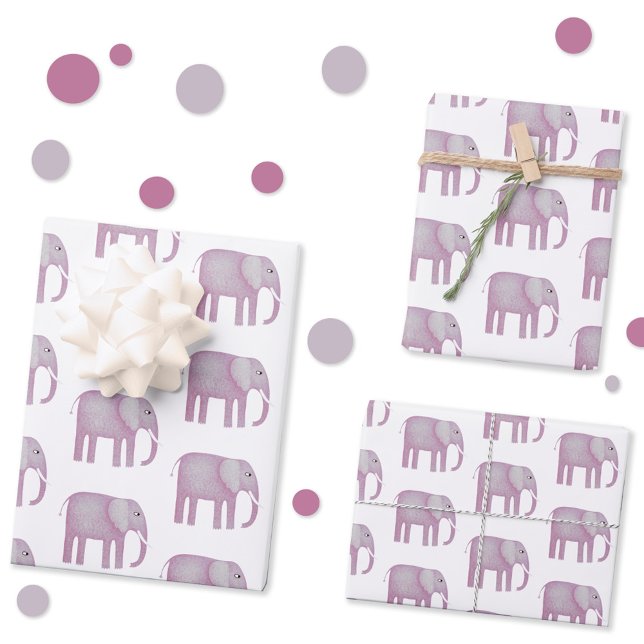 Feuille De Papier Cadeau Aquarelle rose éléphant (Pink watercolor elephant gift wrapping paper sheets)