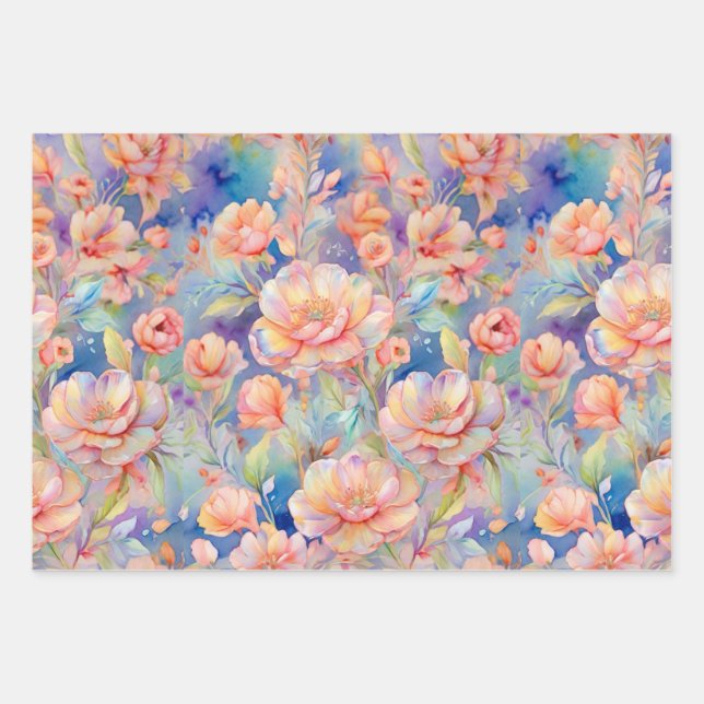 Feuille De Papier Cadeau Aquarelle rose fleur douce pastel (Devant)