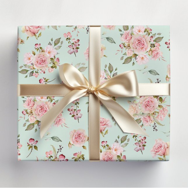 Feuille De Papier Cadeau Aquarelle Rose Fleurs Motif Floral (In situ)