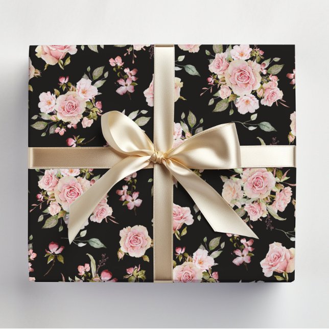 Feuille De Papier Cadeau Aquarelle Rose Fleurs Motif Floral (In situ)