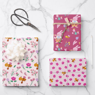 Feuille De Papier Cadeau Aquarelle rose lapin dans le jardin Motif enfants