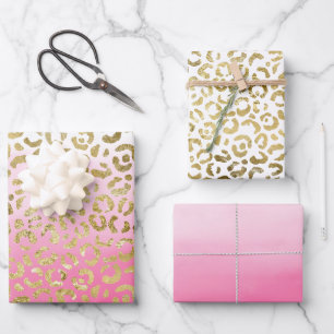 Feuille De Papier Cadeau Aquarelle rose léopard d'or
