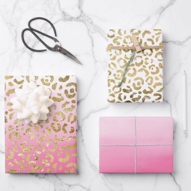 Feuille De Papier Cadeau Aquarelle rose léopard d'or (Recto)