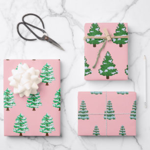 Feuille De Papier Cadeau Aquarelle rose moderne Noël Pin vert