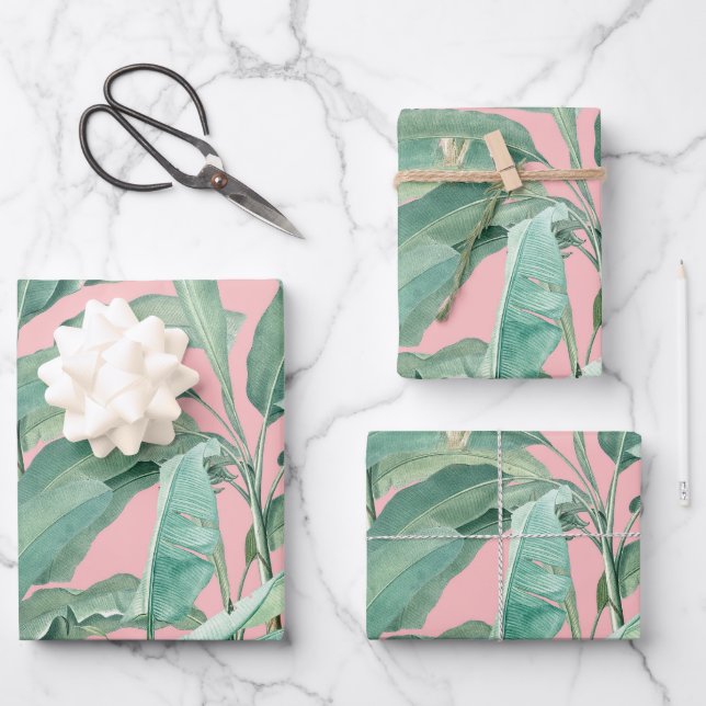 Feuille De Papier Cadeau Aquarelle rose moderne Tropical Banana Palm Feuill (Recto)