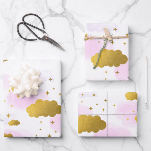 Feuille De Papier Cadeau Aquarelle rose Nuages Gold Stars Sky