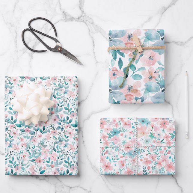 Feuille De Papier Cadeau Aquarelle rose pâle et Turquoise (Recto)
