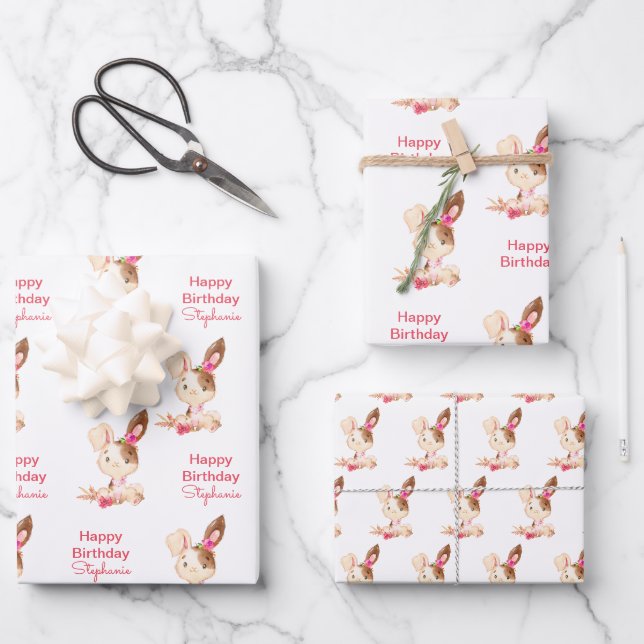 Feuille De Papier Cadeau Aquarelle rose petit lapin (Recto)