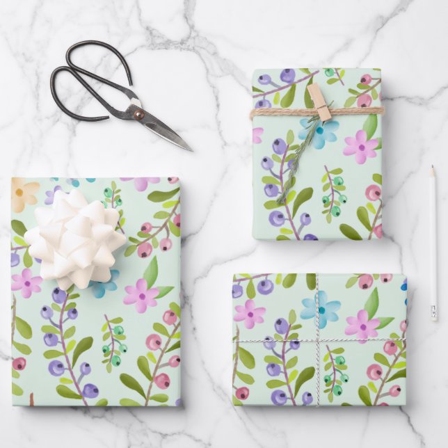 Feuille De Papier Cadeau Aquarelle rose, violet, Bleu Petites Fleurs (Recto)