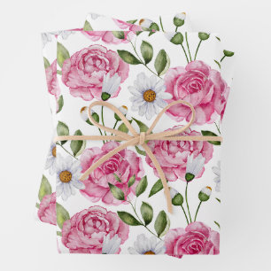Feuille De Papier Cadeau Aquarelle Roses roses et Fleurs marguerites