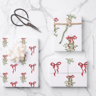 Feuille De Papier Cadeau Aquarelle Rouge Bow Mistletoe Noël