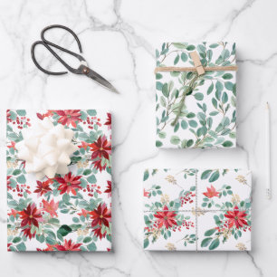 Feuille De Papier Cadeau Aquarelle rouge de Noël Poinsettia Eucalyptus