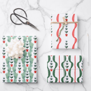 Feuille De Papier Cadeau Aquarelle Rouge et vert Topiaire de Noël