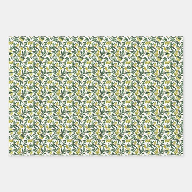 Feuille De Papier Cadeau Aquarelle rustique Branches d'olive verte Motif (Devant)