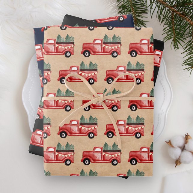 Feuille De Papier Cadeau Aquarelle rustique Camion de Noël rouge (Créateur téléchargé)
