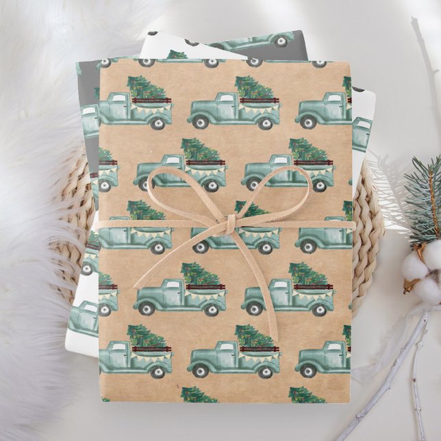 Feuille De Papier Cadeau Aquarelle rustique Camion de Noël Turquoise (Créateur téléchargé)