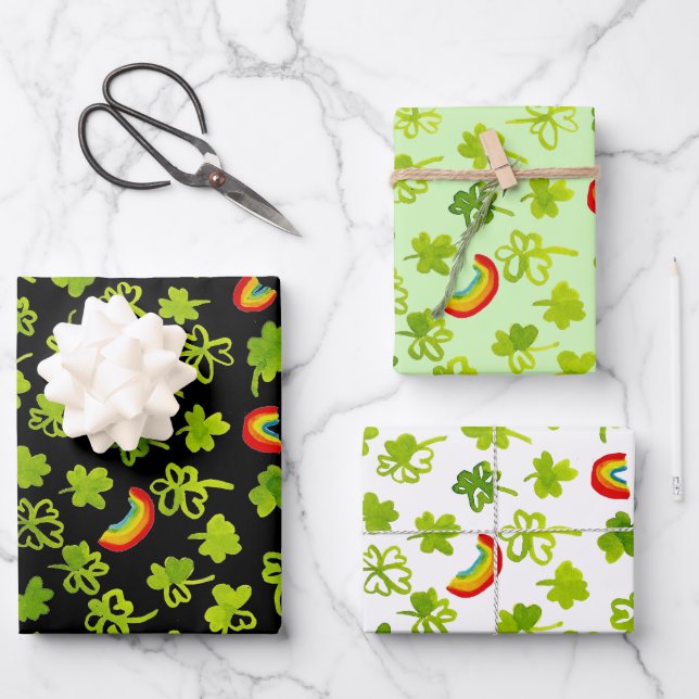Feuille De Papier Cadeau Aquarelle Shamrock & Rainbows Irish St Patty's (Recto)