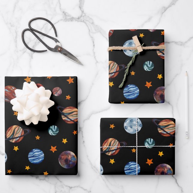 Feuille De Papier Cadeau Aquarelle spatiale Planètes et étoiles (Recto)