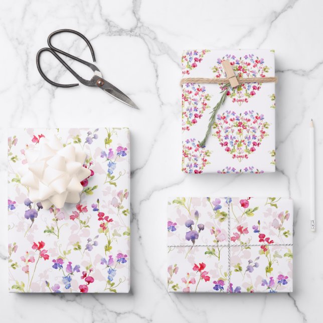 Feuille De Papier Cadeau Aquarelle Sweet Peas joliment fleuri (Recto)