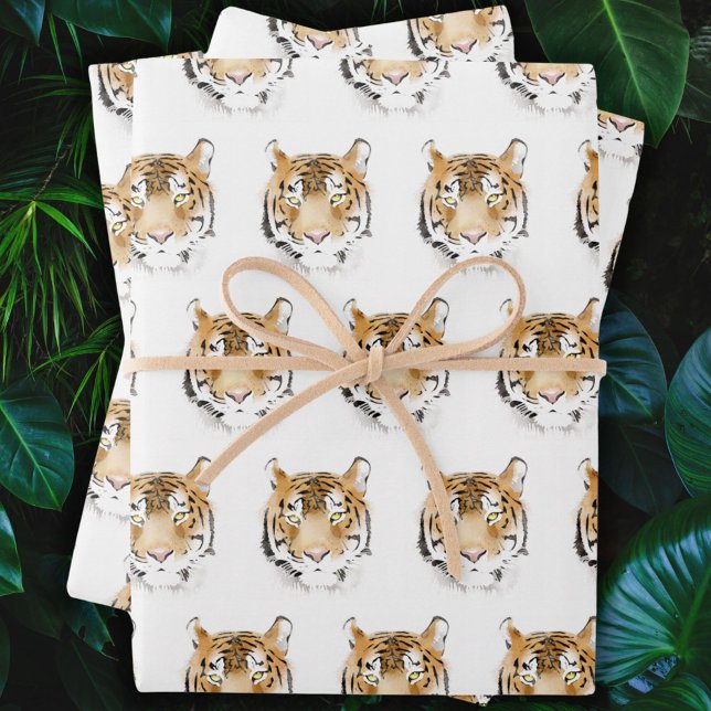 Feuille De Papier Cadeau Aquarelle Tigre Tête Animal (Créateur téléchargé)