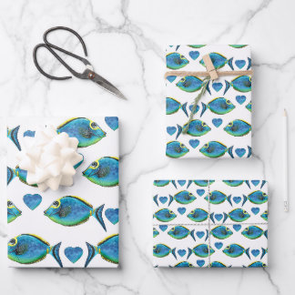 Feuille De Papier Cadeau Aquarelle Tropical Blue Fish and Hearts