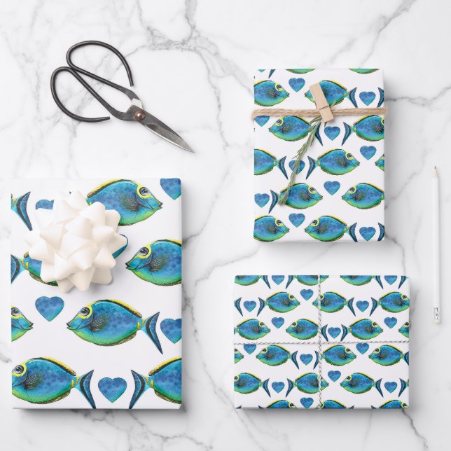 Feuille De Papier Cadeau Aquarelle Tropical Blue Fish and Hearts (Recto)