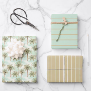 Feuille De Papier Cadeau Aquarelle tropicale Palmiers Aqua et Tan