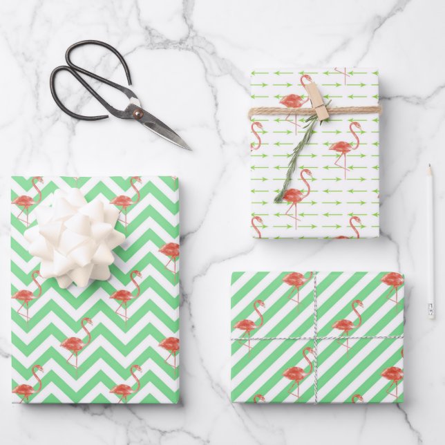 Feuille De Papier Cadeau Aquarelle vert avec Flamants roses roses (Recto)