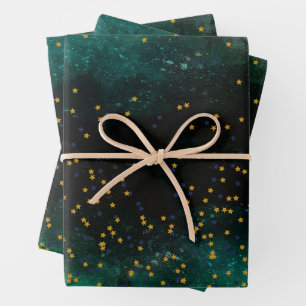 Feuille De Papier Cadeau Aquarelle Vert foncé avec étoiles d'or