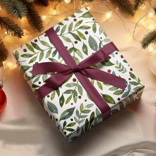 Feuille De Papier Cadeau Aquarelle verte branches saisonnières et baies