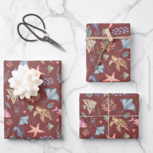 Feuille De Papier Cadeau Aquarelle Vie Océan Texturé Gris Sangria
