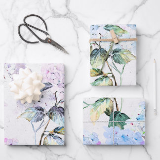Feuille De Papier Cadeau Aquarelle violette et bleue Fleurs d'hydrangée