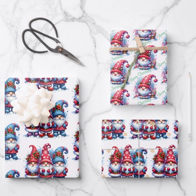 Feuille De Papier Cadeau Aquarelle Whimsical Gnomes de vacances (Recto)