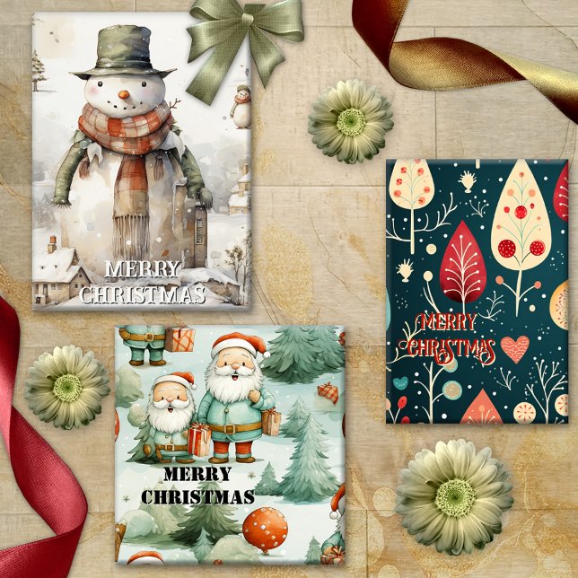 Feuille De Papier Cadeau Aquarelle Whimsical Retro Noël artistique (Cute Christmas wrapping paper sheets with a variety of different designs and styles )