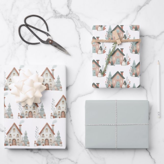 Feuille De Papier Cadeau Aquarelle Whimsical Winter House (Recto)