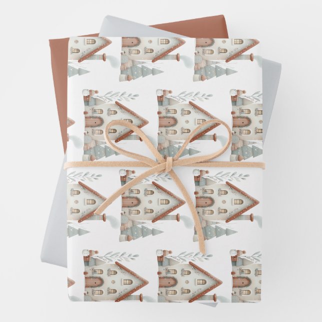 Feuille De Papier Cadeau Aquarelle Whimsical Winter House (En situation)