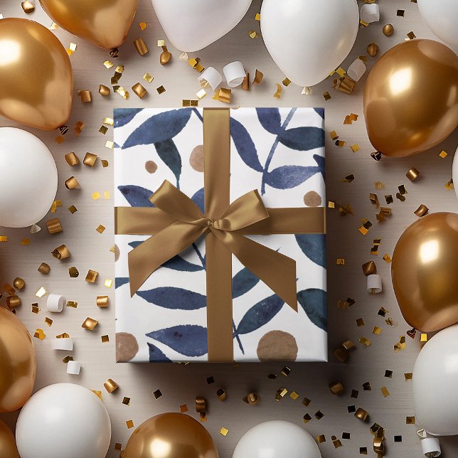 Feuille De Papier Cadeau Aquarelles et baies - indigo et beige (Créateur téléchargé)