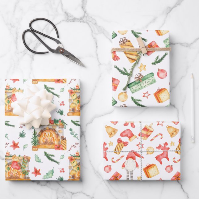 Feuille De Papier Cadeau Aquarelles Foyer de Noël Fir présente Gnome (Recto)