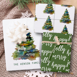 Feuille De Papier Cadeau Arbre de Noël Aquarelle Joyeux Script Joyeux Heure