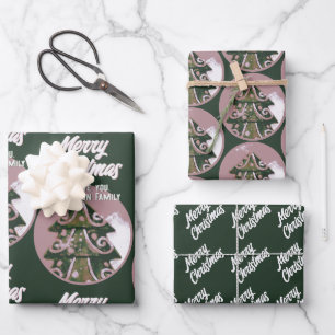 Feuille De Papier Cadeau Arbre de Noël Arbre Artistique Vert rose Joyeux Sc
