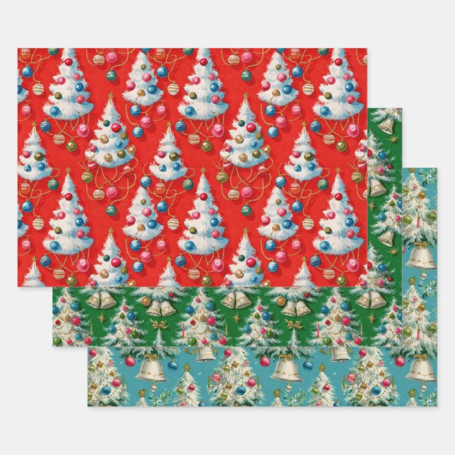 Feuille De Papier Cadeau Arbre de Noël blanc rétro (Lot)