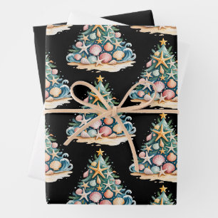 Feuille De Papier Cadeau Arbre de Noël Coquillages Eau de Mer Étoile de Mer